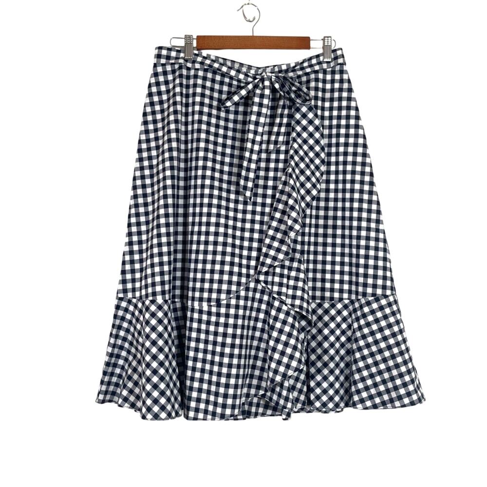 Talbots Navy White Gingham Plaid Cotton Wrap Tiered Midi Skirt Sz 10 Preppy NWT